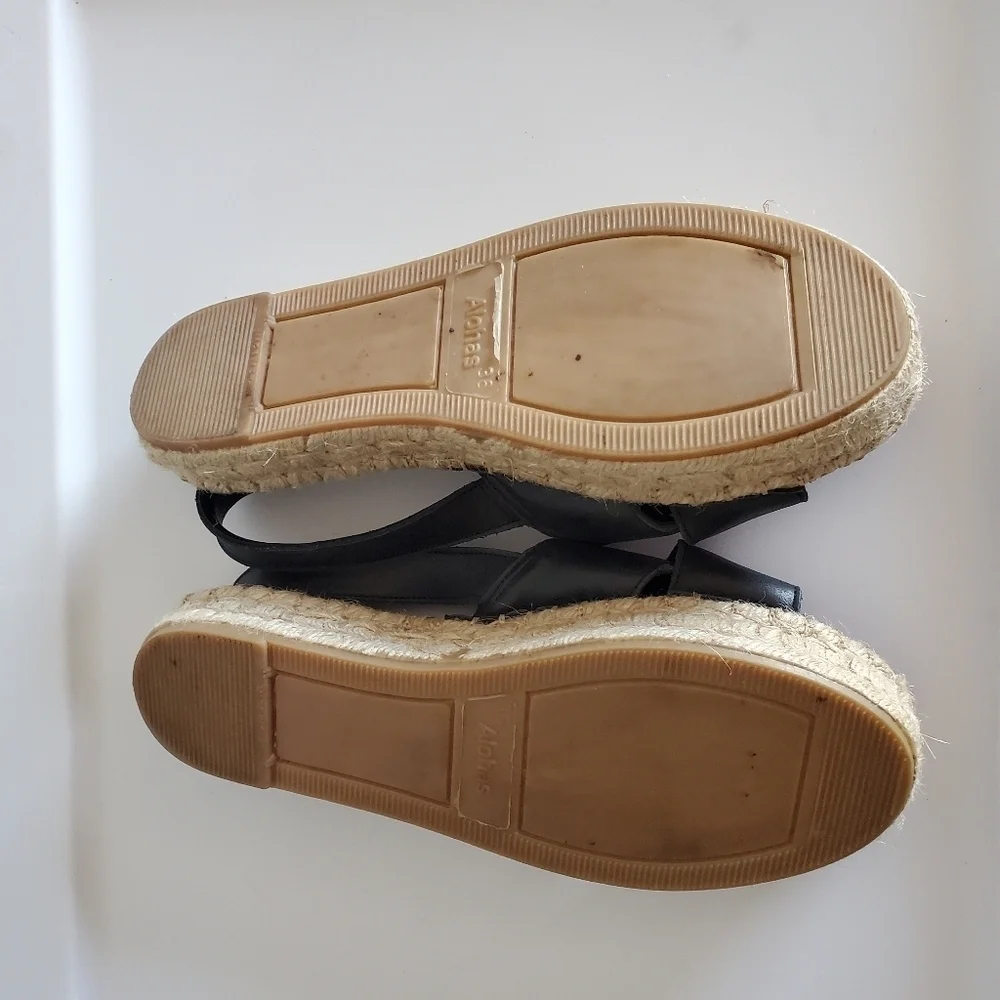 Alohas Crossed Black Leather Espadrilles Sandals Platform Made in Spain Size 36